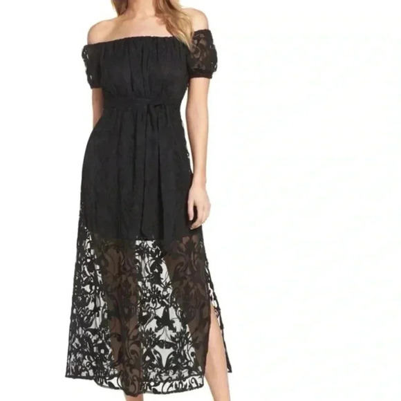 Bardot Black Off The Shoulders Lace Overlay Gracie Midi Dress Size 4 XS - Picture 9 of 9